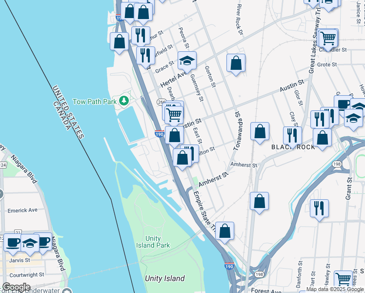 map of restaurants, bars, coffee shops, grocery stores, and more near 310 Dearborn Street in Buffalo