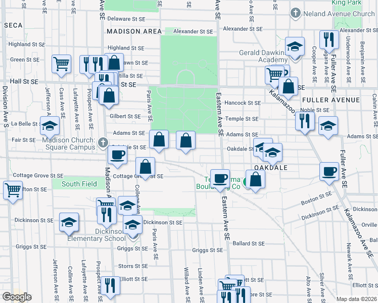 map of restaurants, bars, coffee shops, grocery stores, and more near 657 Oakdale Street Southeast in Grand Rapids