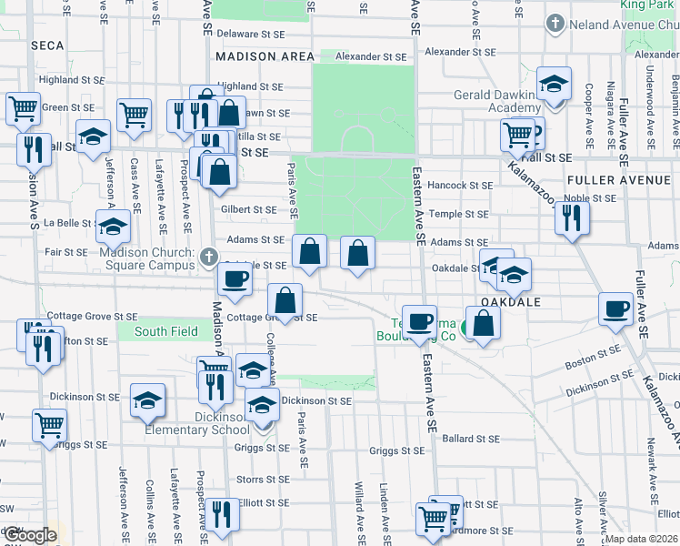 map of restaurants, bars, coffee shops, grocery stores, and more near 619 Oakdale Street Southeast in Grand Rapids
