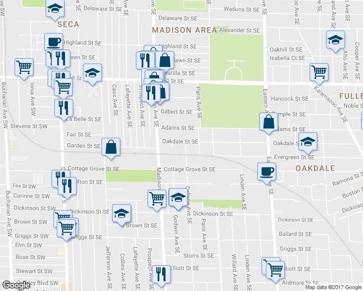 map of restaurants, bars, coffee shops, grocery stores, and more near 503 Oakdale Street Southeast in Grand Rapids