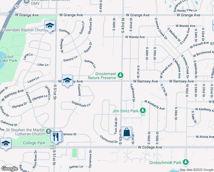 map of restaurants, bars, coffee shops, grocery stores, and more near 4315 West Ramsey Avenue in Greendale
