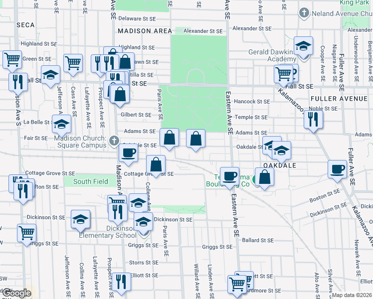 map of restaurants, bars, coffee shops, grocery stores, and more near 619 Oakdale Street Southeast in Grand Rapids