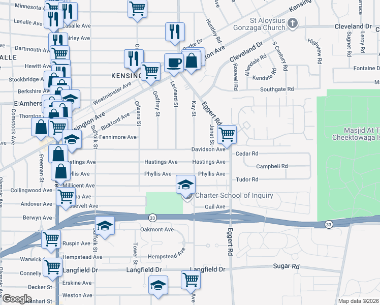 map of restaurants, bars, coffee shops, grocery stores, and more near 294 Davidson Avenue in Buffalo
