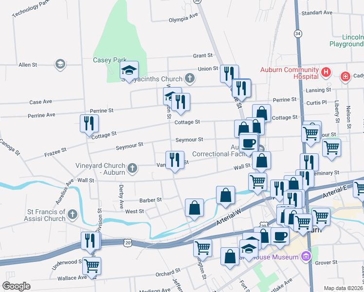 map of restaurants, bars, coffee shops, grocery stores, and more near 206 Seymour Street in Auburn