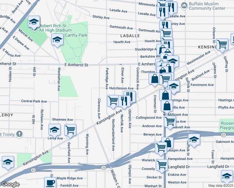 map of restaurants, bars, coffee shops, grocery stores, and more near 81 Poultney Avenue in Buffalo