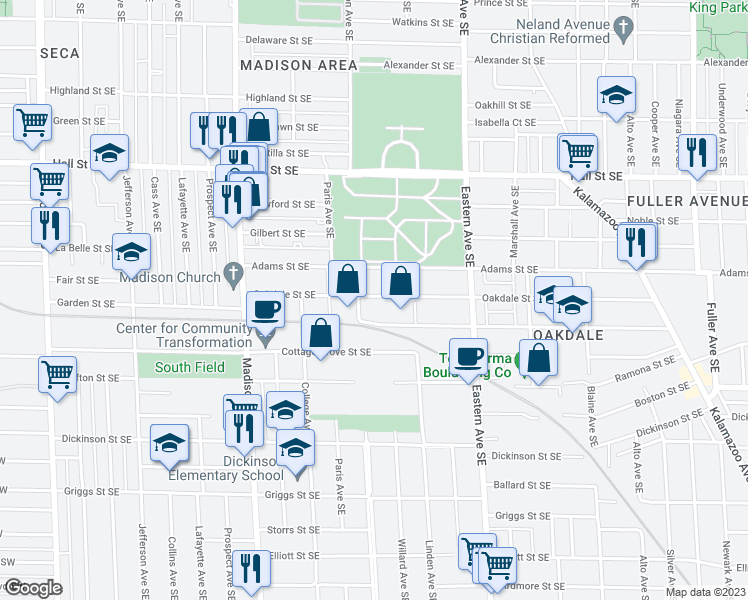 map of restaurants, bars, coffee shops, grocery stores, and more near 616 Oakdale Street Southeast in Grand Rapids