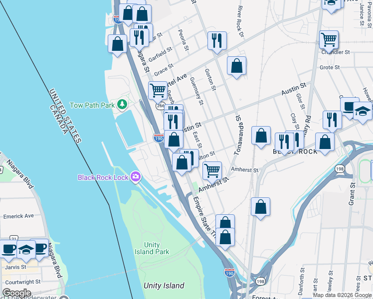 map of restaurants, bars, coffee shops, grocery stores, and more near 300 Dearborn Street in Buffalo