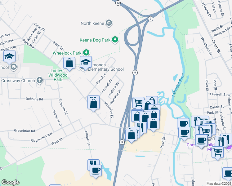 map of restaurants, bars, coffee shops, grocery stores, and more near 28 Fairview Street in Keene
