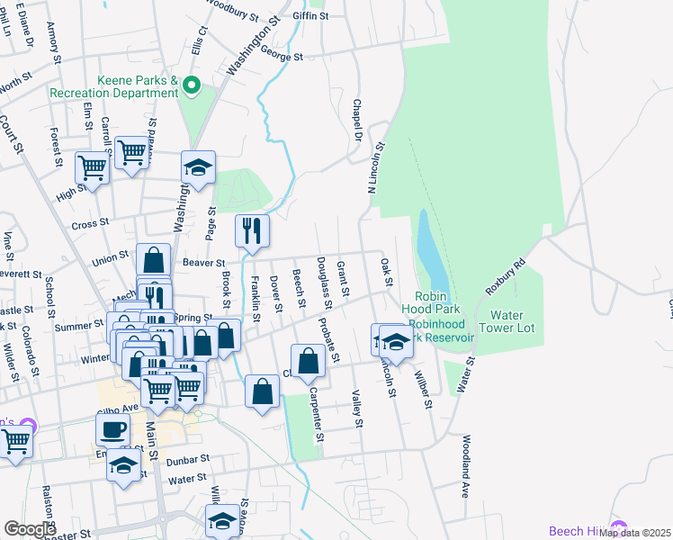 map of restaurants, bars, coffee shops, grocery stores, and more near 64 Douglass Street in Keene