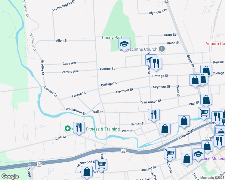 map of restaurants, bars, coffee shops, grocery stores, and more near 188 Cottage Street in Auburn