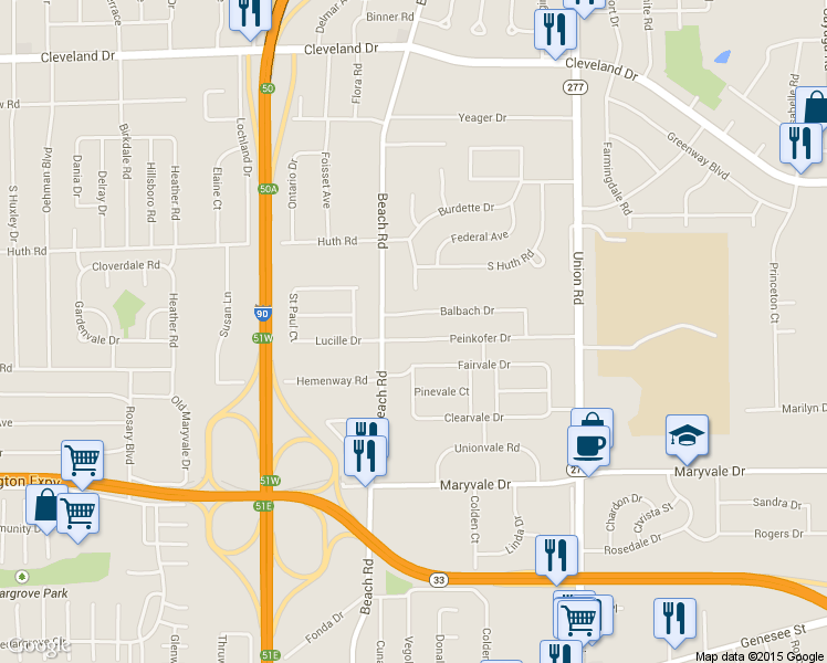 map of restaurants, bars, coffee shops, grocery stores, and more near 35 Balbach Drive in Buffalo