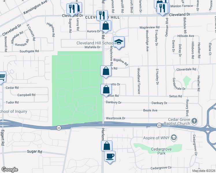 map of restaurants, bars, coffee shops, grocery stores, and more near 16 Loretto Drive in Buffalo
