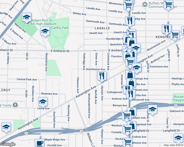 map of restaurants, bars, coffee shops, grocery stores, and more near 81 Poultney Avenue in Buffalo
