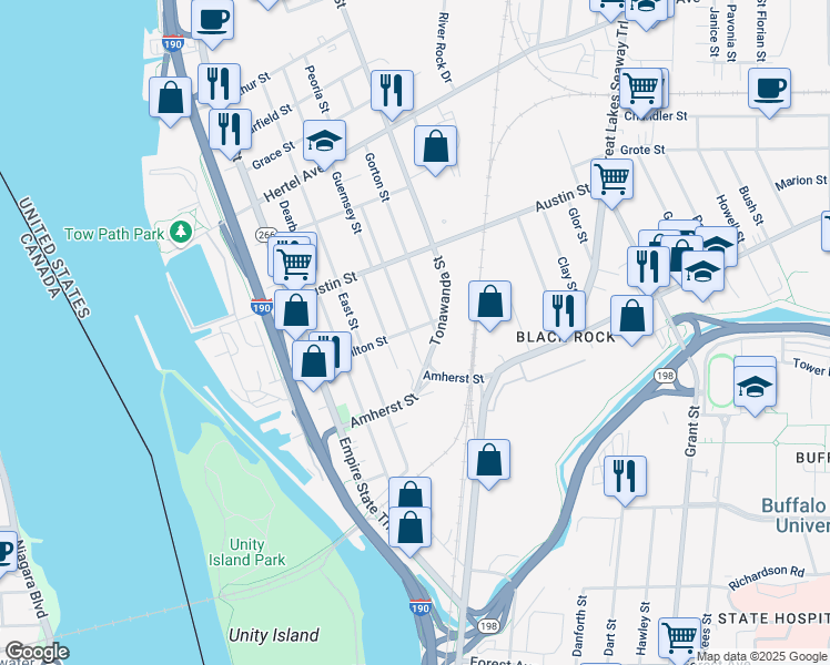 map of restaurants, bars, coffee shops, grocery stores, and more near 98 Thompson Street in Buffalo