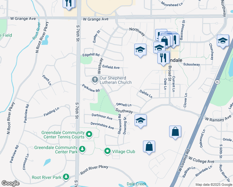 map of restaurants, bars, coffee shops, grocery stores, and more near 7200 Euston Street in Greendale