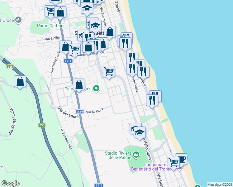 map of restaurants, bars, coffee shops, grocery stores, and more near 39 Via del Vignola in San Benedetto del Tronto