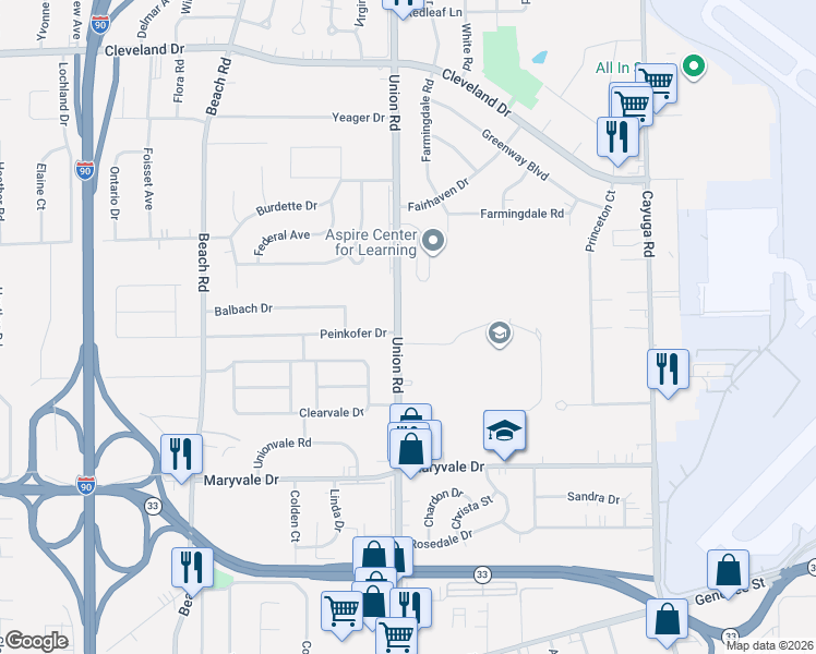 map of restaurants, bars, coffee shops, grocery stores, and more near 4524 Union Road in Buffalo