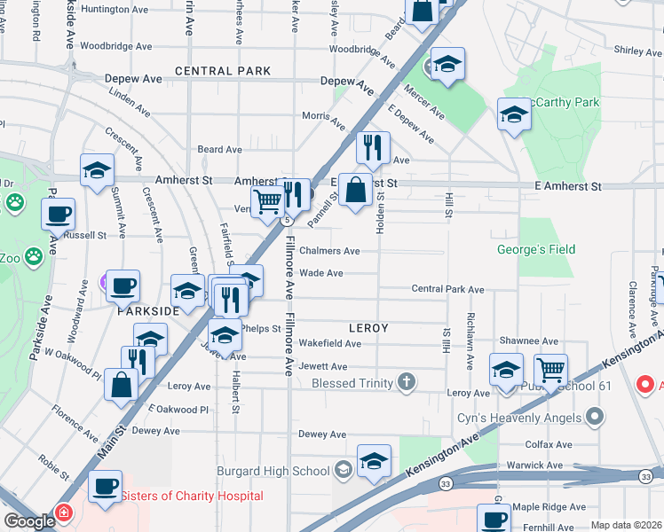 map of restaurants, bars, coffee shops, grocery stores, and more near 55 Chalmers Avenue in Buffalo