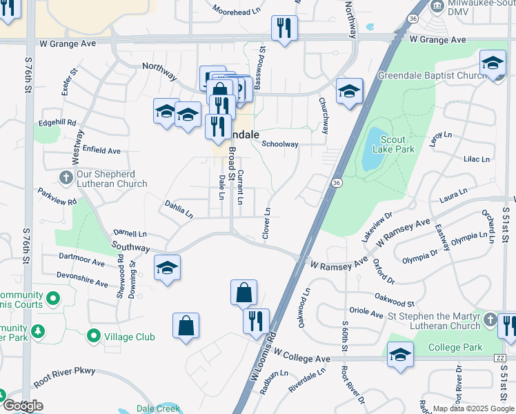 map of restaurants, bars, coffee shops, grocery stores, and more near 5908 Cornflower Lane in Greendale