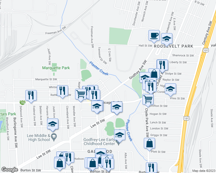 map of restaurants, bars, coffee shops, grocery stores, and more near 1550 Ellen Avenue Southwest in Wyoming