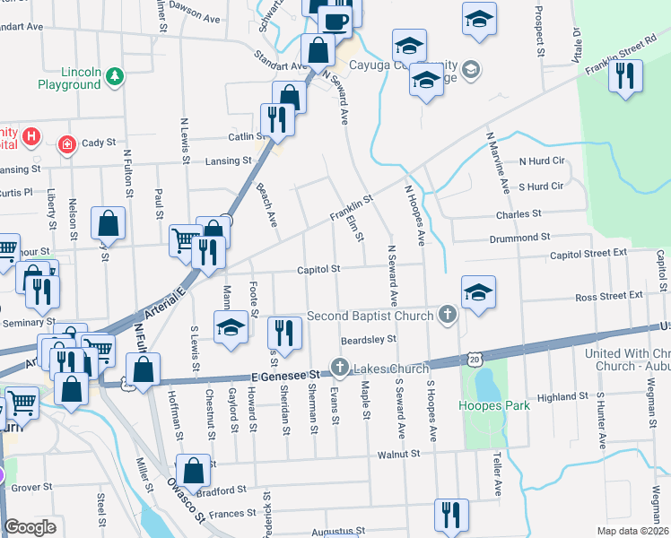 map of restaurants, bars, coffee shops, grocery stores, and more near Capitol Street & Perry Street in Auburn
