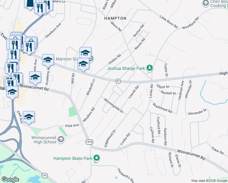 map of restaurants, bars, coffee shops, grocery stores, and more near 2 Eastmor Lane in Hampton