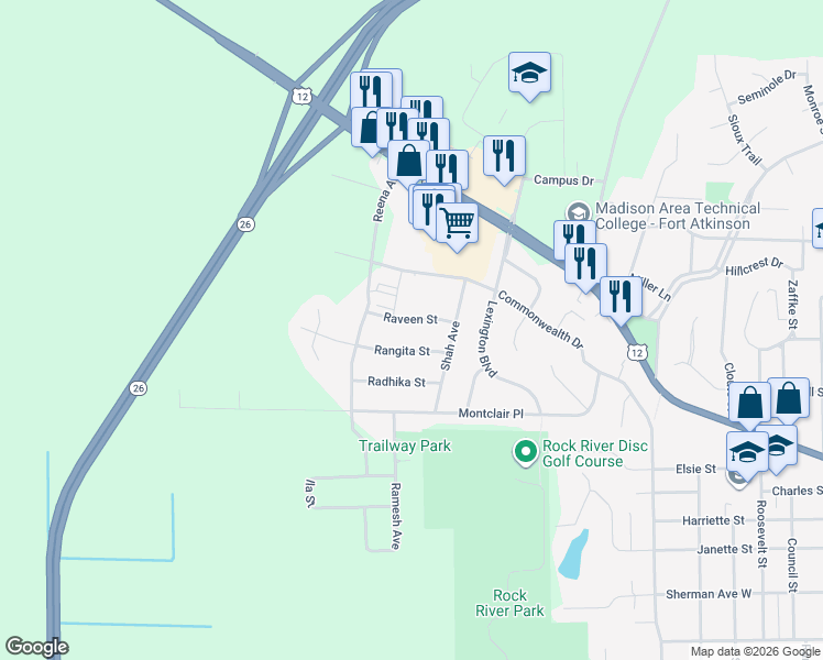 map of restaurants, bars, coffee shops, grocery stores, and more near 1521 Raveen Street in Fort Atkinson