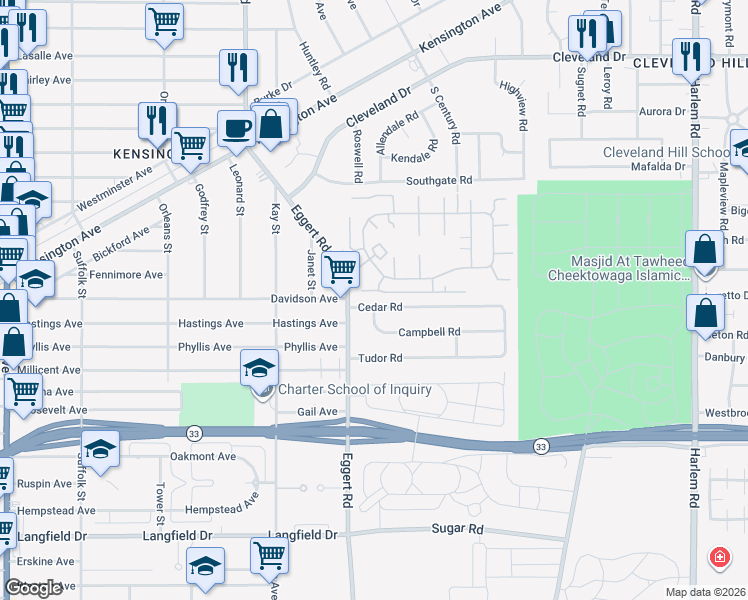 map of restaurants, bars, coffee shops, grocery stores, and more near 28 Cedar Road in Buffalo