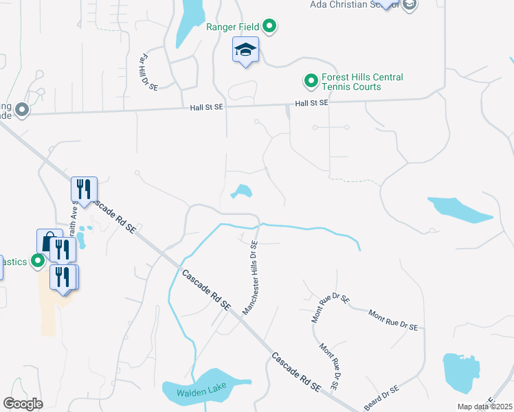 map of restaurants, bars, coffee shops, grocery stores, and more near 5741 Manchester Hills Drive Southeast in Grand Rapids