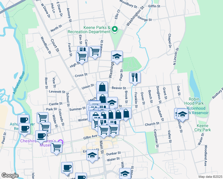 map of restaurants, bars, coffee shops, grocery stores, and more near 24 Beaver Street in Keene