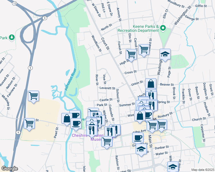 map of restaurants, bars, coffee shops, grocery stores, and more near 20 Vine Street in Keene