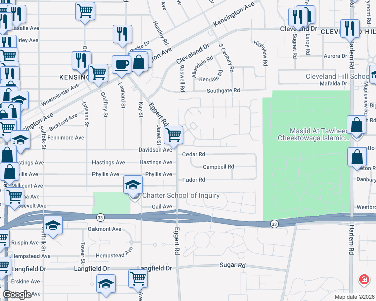 map of restaurants, bars, coffee shops, grocery stores, and more near 28 Cedar Road in Buffalo
