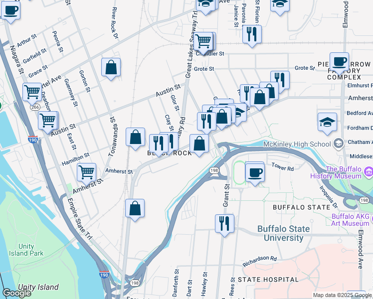 map of restaurants, bars, coffee shops, grocery stores, and more near 302 Amherst Street in Buffalo