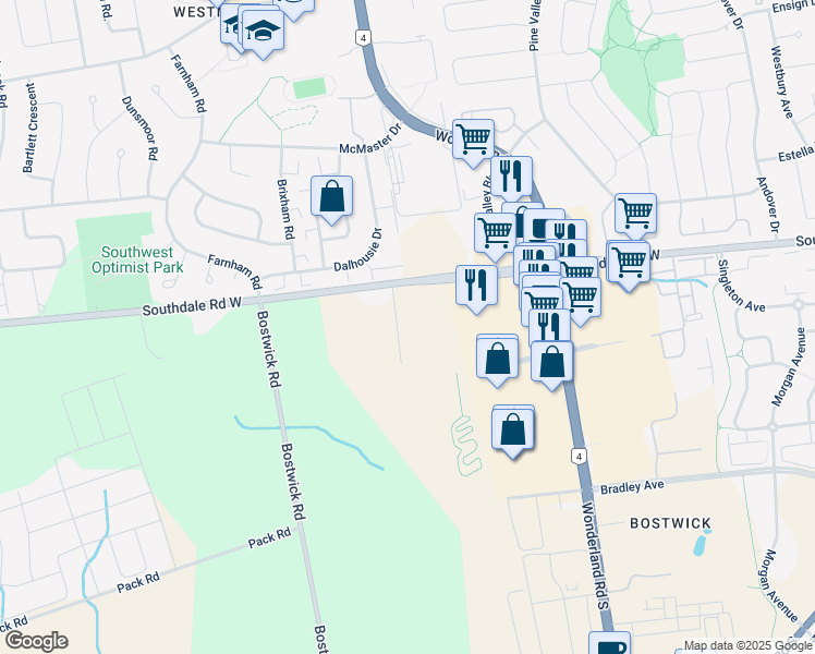 map of restaurants, bars, coffee shops, grocery stores, and more near 467 Southdale Road West in London