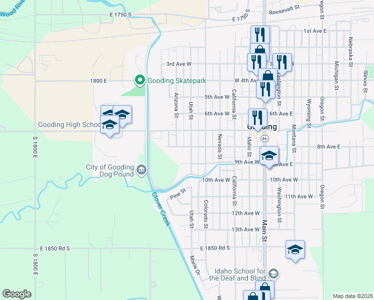 map of restaurants, bars, coffee shops, grocery stores, and more near 630 8th Avenue West in Gooding