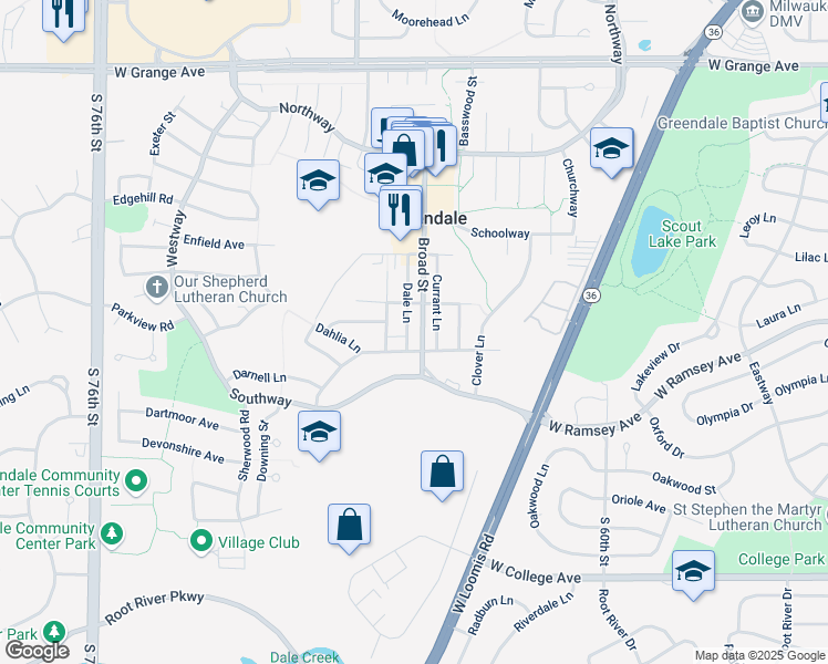 map of restaurants, bars, coffee shops, grocery stores, and more near 5910 Broad Street in Greendale