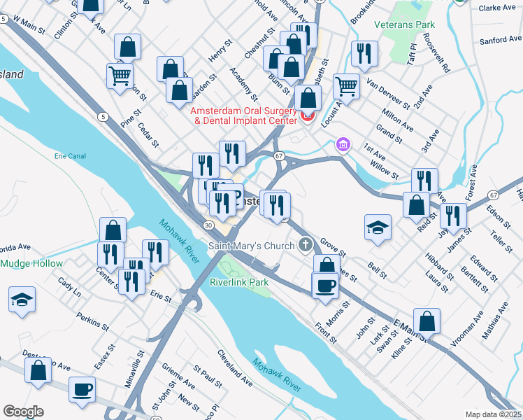 map of restaurants, bars, coffee shops, grocery stores, and more near 25 Church Street in Amsterdam