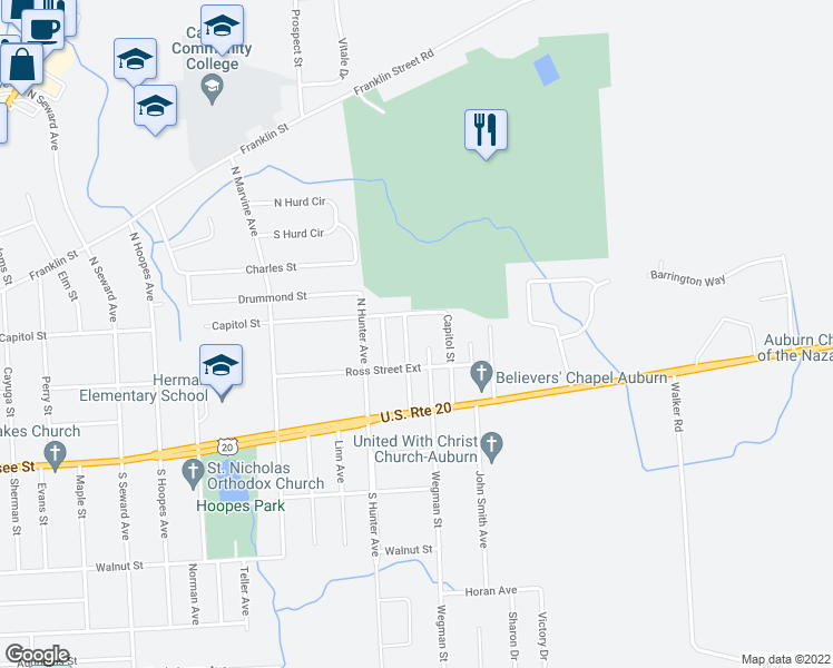 map of restaurants, bars, coffee shops, grocery stores, and more near 20 Eastern Parkway in Auburn