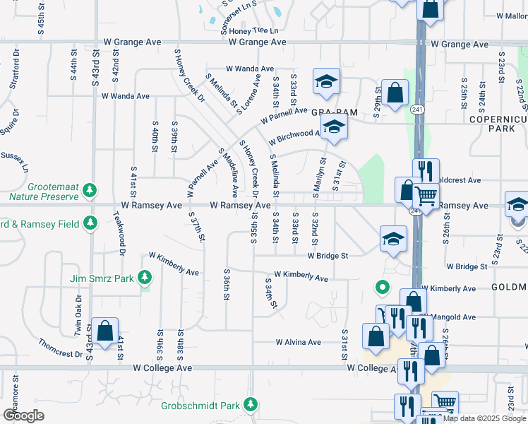 map of restaurants, bars, coffee shops, grocery stores, and more near 3421 West Ramsey Avenue in Greenfield