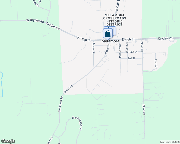 map of restaurants, bars, coffee shops, grocery stores, and more near South Oak Street in Metamora