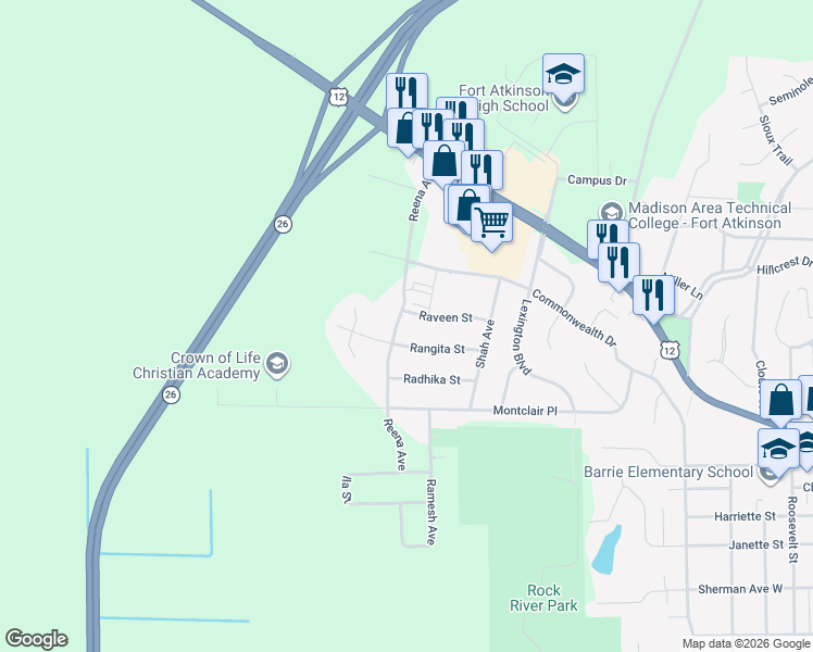 map of restaurants, bars, coffee shops, grocery stores, and more near 618 Reena Avenue in Fort Atkinson