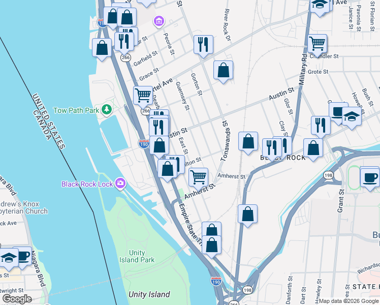 map of restaurants, bars, coffee shops, grocery stores, and more near 219 East Street in Buffalo
