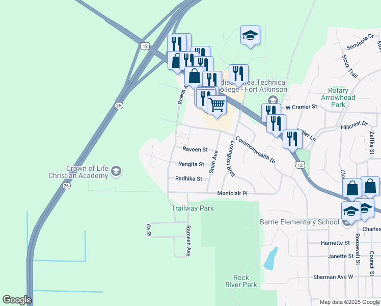 map of restaurants, bars, coffee shops, grocery stores, and more near 1521 Raveen Street in Fort Atkinson