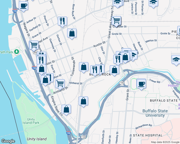 map of restaurants, bars, coffee shops, grocery stores, and more near 20 Churchill Street in Buffalo