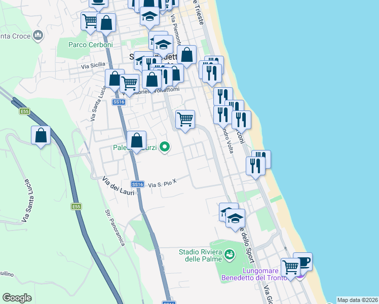 map of restaurants, bars, coffee shops, grocery stores, and more near 39 Via del Vignola in San Benedetto del Tronto