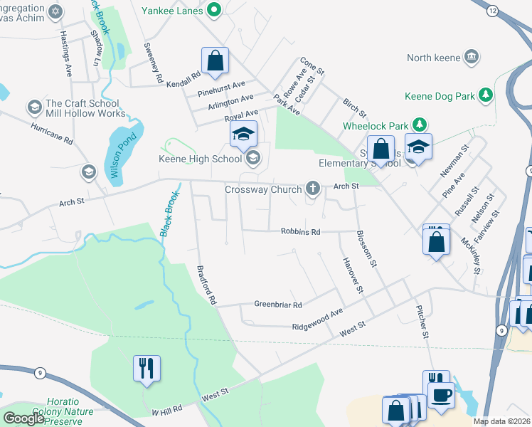 map of restaurants, bars, coffee shops, grocery stores, and more near 17 Worcester Street in Keene