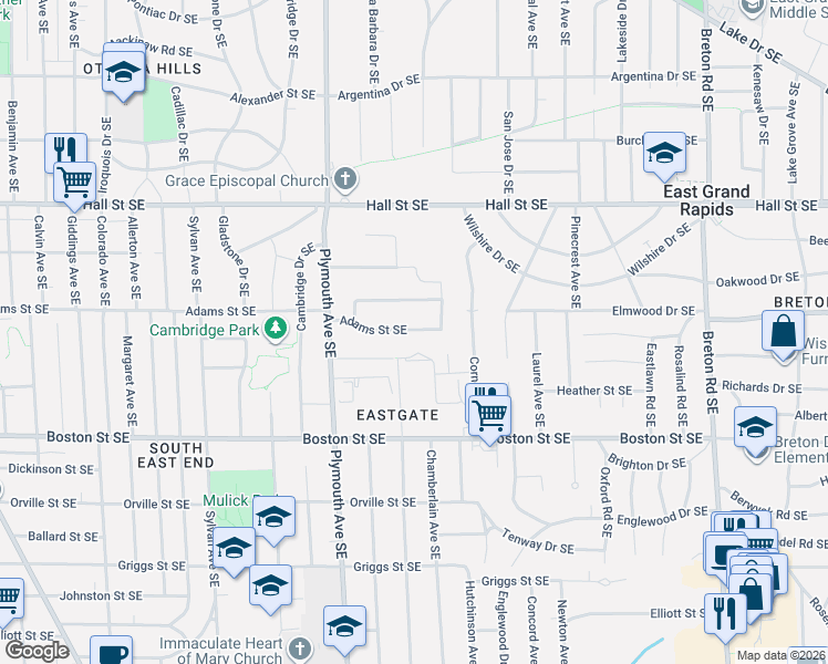 map of restaurants, bars, coffee shops, grocery stores, and more near 1918 Adams St SE in Grand Rapids