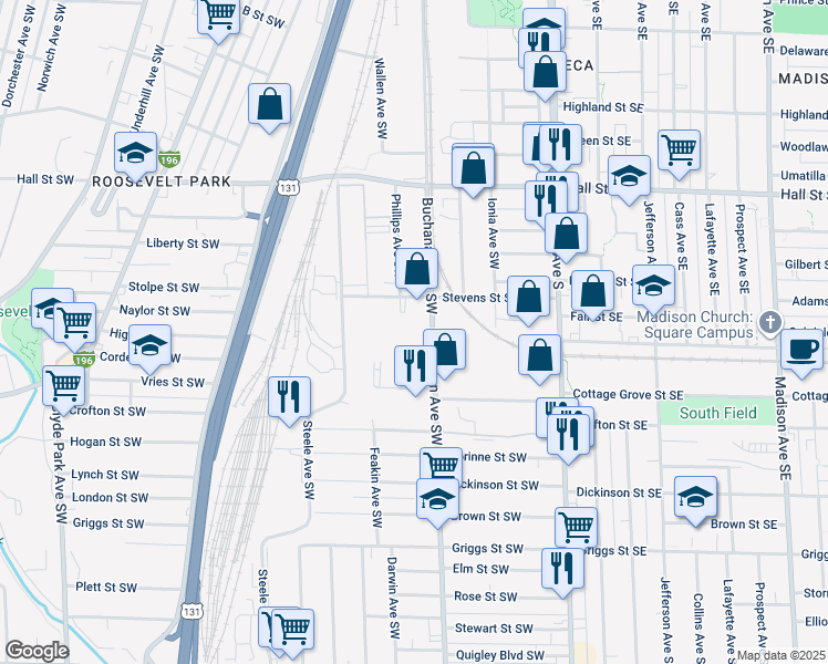 map of restaurants, bars, coffee shops, grocery stores, and more near 1435 Buchanan Avenue Southwest in Grand Rapids