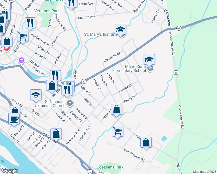 map of restaurants, bars, coffee shops, grocery stores, and more near 28-28 Crane Street in Amsterdam