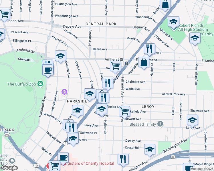 map of restaurants, bars, coffee shops, grocery stores, and more near 2532 Main Street in Buffalo